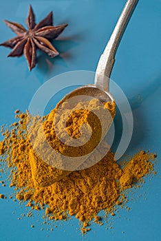 Tumeric powder on a silver spoon