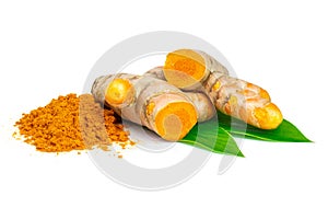 Tumeric rhizome with green leaf and pile of turmeric powder isolated on white