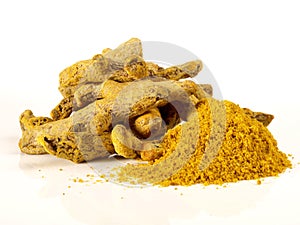 Tumeric Root and Curry on white Background - Isolated