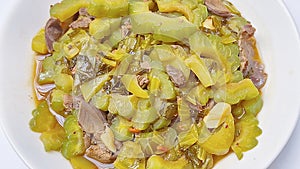 Tumis Pare Ati Ampela: Stir-Fried Bitter Gourd and Chicken Liver-Gizzard with Red Yeast Rice photo