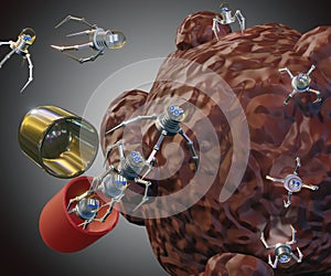 Tumor cell invaded by nanobots particles