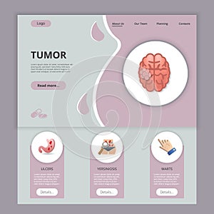 Tumor flat landing page website template. Ulcers, yersiniosis, warts. Web banner with header, content and footer. Vector photo