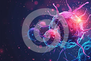 Tumor microenvironment background with cancer cells, T-Cells, nanoparticles, molecules and blood vessels