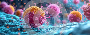 Tumor microenvironment background with cancer cells, T-Cells, nanoparticles, molecules and blood vessels