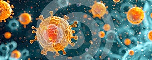 Tumor microenvironment background with cancer cells, T-Cells, nanoparticles, molecules and blood vessels