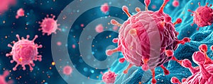 Tumor microenvironment background with cancer cells, T-Cells, nanoparticles, molecules and blood vessels photo