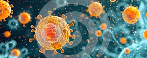 Tumor microenvironment background with cancer cells, T-Cells, nanoparticles, molecules and blood vessels photo