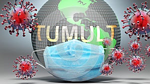 Tumult and covid - Earth globe protected with a blue mask against attacking corona viruses to show the relation between Tumult and