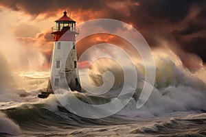 Tumultuous Lighthouse storm winter. Generate Ai