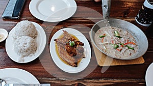 Tuna adobo and tuna bicol express served with steamed rice