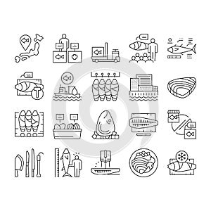 Tuna Auction Tsukiji Market Collection Icons Set Vector .