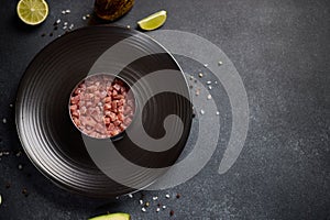 Tuna and avocado tartare recipe - cooking form with sliced chopped tuna fillet