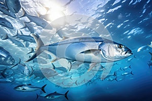 Tuna in the blue ocean. Underwater world. 3d rendering, A large school of Trevally in a deep blue tropical ocean, AI Generated
