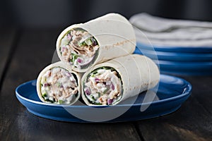 Tuna burritos with cucumber red onion and mayonnaise