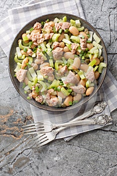 Tuna celery butter beans salad with green onions and capers close-up in a plate. Vertical top view