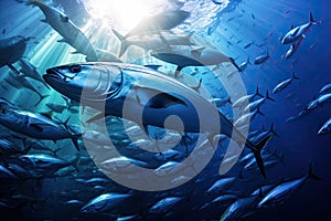 Tuna in the deep blue ocean. Underwater world. 3d rendering, A large school of tuna in a deep blue ocean, Philippines, AI