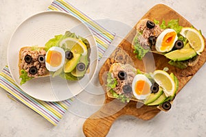 Tuna, eggs, olives  and avocado sandwiches on light background.