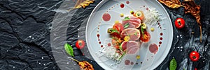 Tuna Fillet, Parmesan Cheese and Tomato Water Jelly Top View, Molecular Dish, Fish on Restaurant Plate