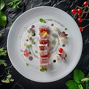 Tuna Fillet, Parmesan Cheese and Tomato Water Jelly Top View, Molecular Dish, Fish on Restaurant Plate