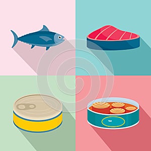 Tuna fish can steak icons set, flat style