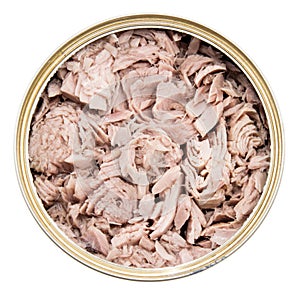 Tuna fish in a can on white