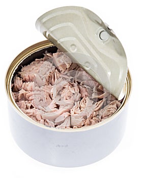 Tuna fish in a can on white