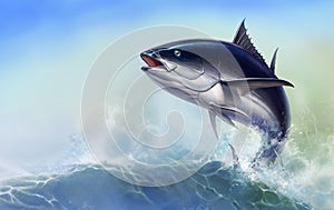 Tuna fish in fast motion Realistic. Black fin tuna.