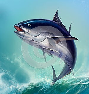Tuna fish in fast motion Realistic. Black fin tuna blue.