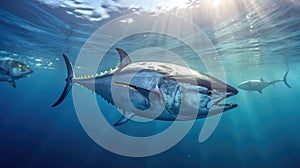 Tuna fish in the ocean. School of tuna fish in the ocean. Tuna. Generative Ai