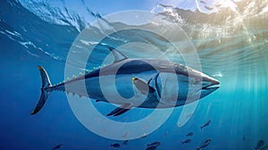 Tuna fish in the ocean. School of tuna fish in the ocean. Tuna. Generative Ai