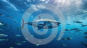 Tuna fish in the ocean. School of tuna fish in the ocean. Tuna. Generative Ai