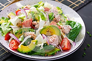Tuna fish salad with lettuce, cherry tomatoes, avocado and red onions.