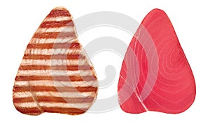 Tuna fish steak fresh and grilled isolated on white background. Top view. Flat lay