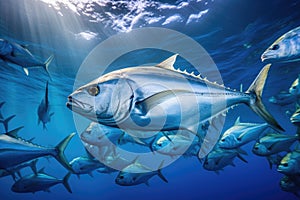 Tuna fish swimming in the blue sea. Underwater world, A large school of Trevally swimming in the deep blue tropical ocean, AI