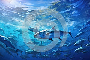 Tuna fish swimming in the ocean. Underwater world. 3d rendering, A large school of Trevally in a deep blue tropical ocean, AI