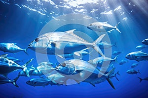Tuna fish swimming underwater in deep blue ocean. Underwater world, A large school of Trevally swimming in the deep blue tropical
