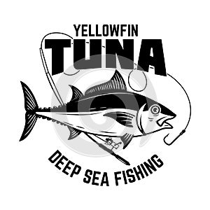 Tuna fishing. Yellowfin tuna and fishing rod. Design element for logo, label, emblem, sign, poster, card.