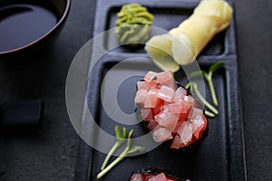 Tuna gunkan sushi set with caviar, Japanese food