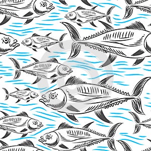 Tuna Hand drawing engraving pattern seamless. tunny Seafood fish background. vector texture