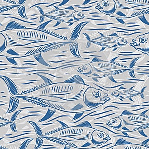 Tuna Hand drawing engraving pattern seamless. tunny Seafood fish background. vector texture