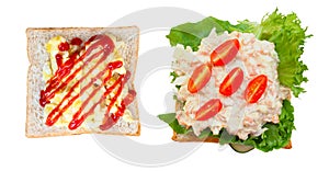 Tuna mayonnaise and scrambled eggs on wholewheat rustic bread isolated on white. Top view