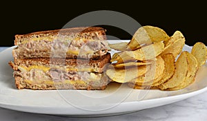 tuna melt sandwich and a side of potato chips