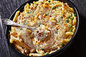 Tuna Mornay in baking dish, top view