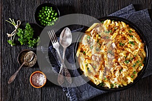 Tuna Mornay in baking dish, top view