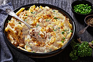 Tuna Mornay in baking dish, top view