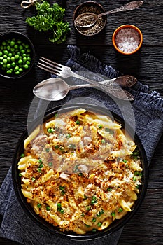 Tuna Mornay in baking dish, top view