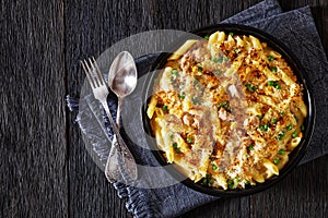 Tuna Mornay in baking dish, top view