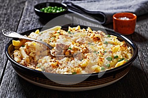 Tuna Mornay in baking dish, top view