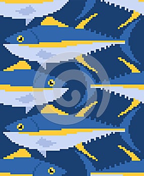 Tuna pixel art pattern seamless. pixelated tunny Seafood fish background. 8 bit vector texture