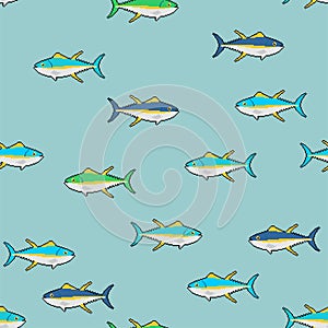 Tuna pixel art pattern seamless. pixelated tunny Seafood fish background. 8 bit vector texture